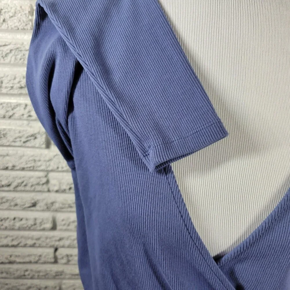 Forever 21 Women 0X Blue Sweater V Neck Cotton Blend Knit Long Sleeve BLU156E